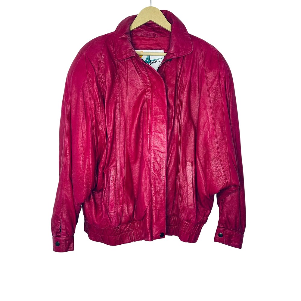 Vintage 80's Atwear Leather Bomber‎ Jacket Women Large Red Fuscia Mod